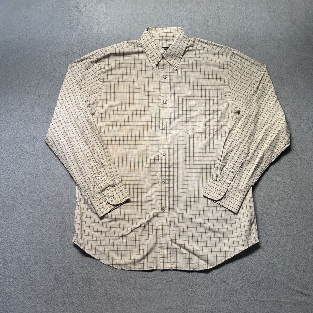 Van Heusen Dress Shirt Mens Medium 15-15.5 Beige Button Down No Iron Cotton